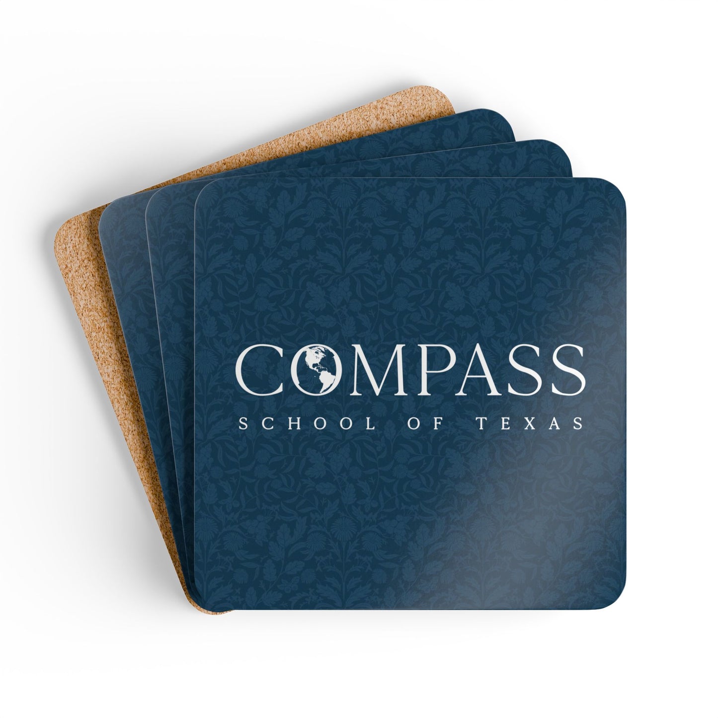 Compass School of Texas Coaster Set — Navy Patterned Cork-Back Drink Coasters (Set of 4)