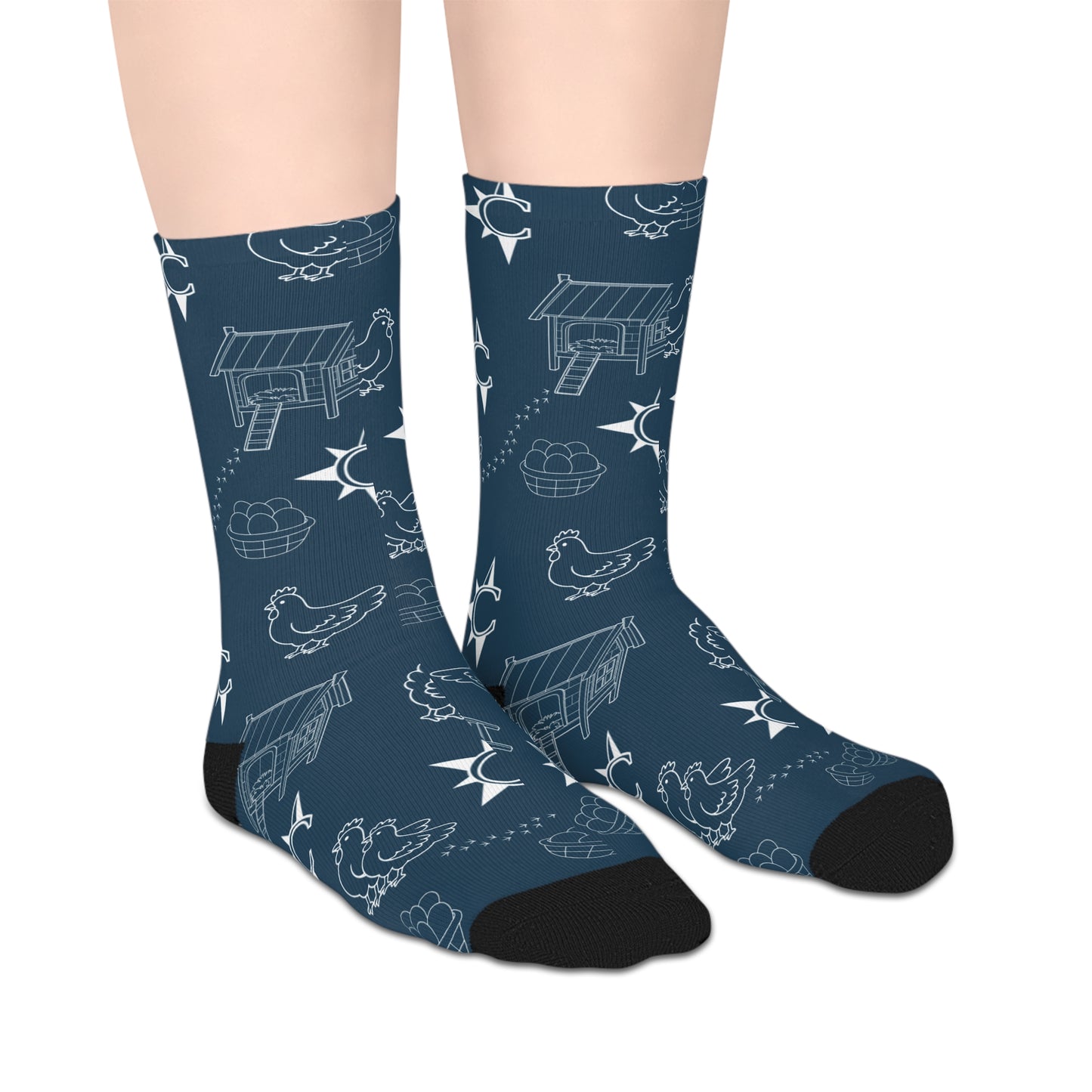 Chicken Farm Pattern Mid-Length Socks – Cute Barnyard Hen & Coop Crew Socks