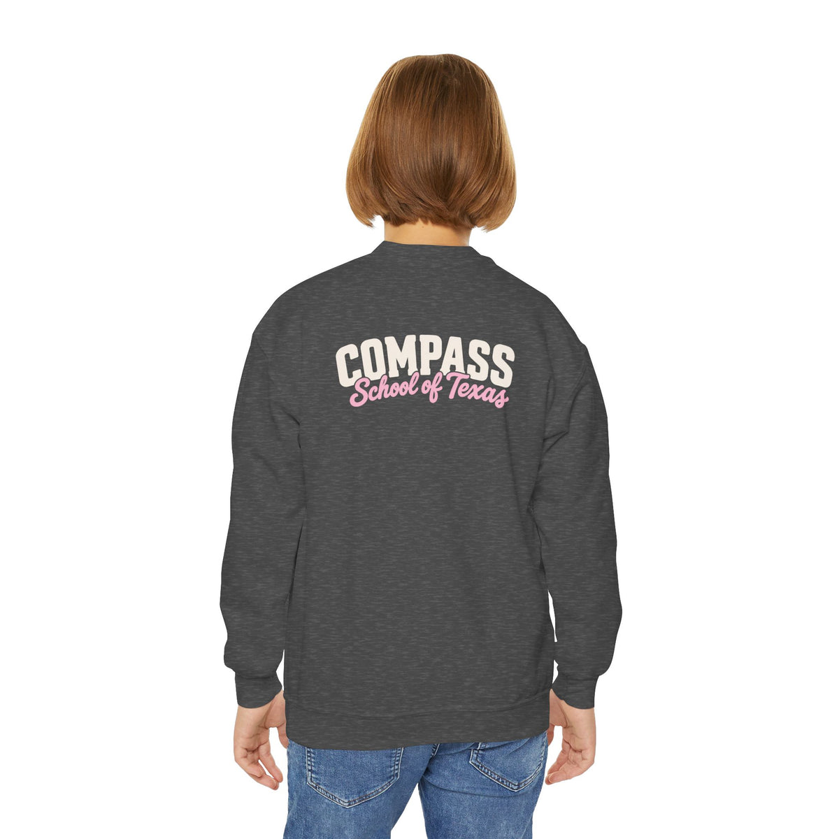 Compass School of Texas Youth Crewneck Sweatshirt — Pink Script Logo
