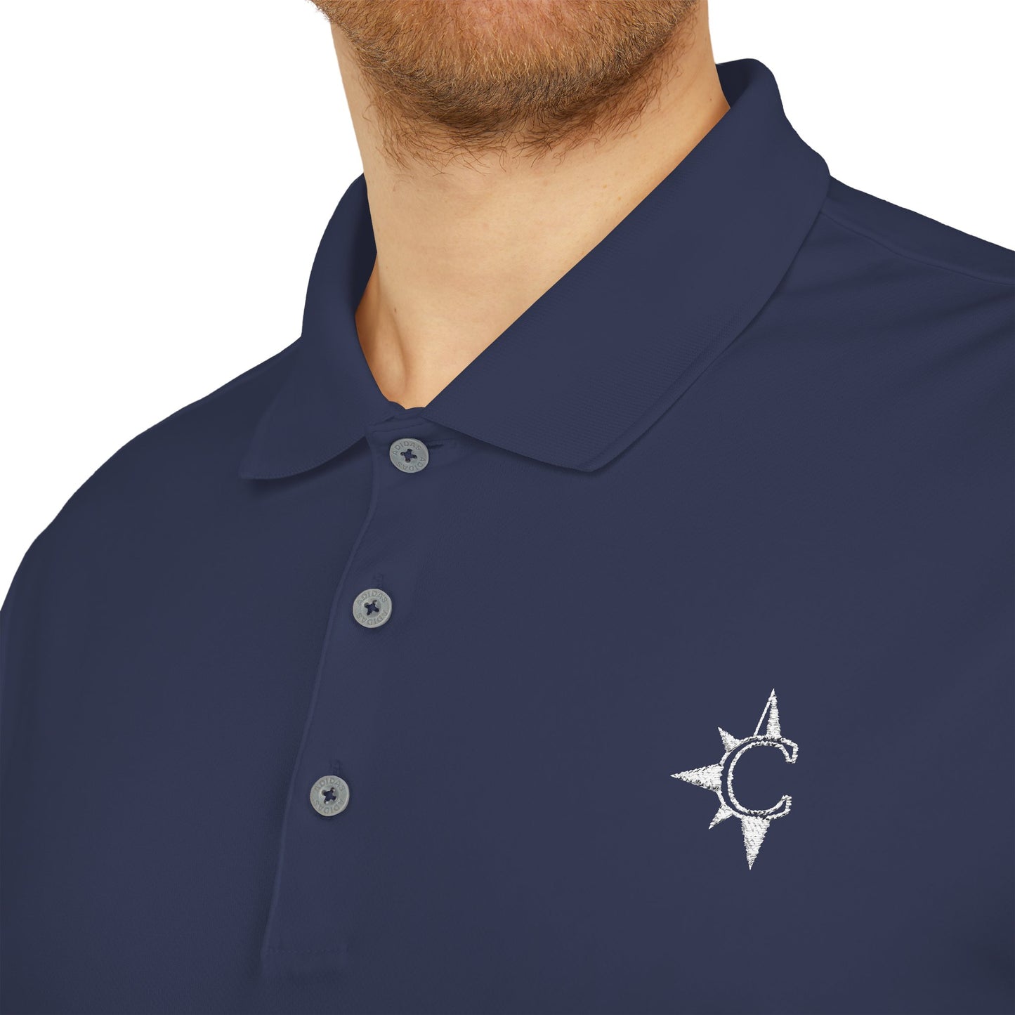 Navy Performance Polo — Small Compass Star Chest Logo