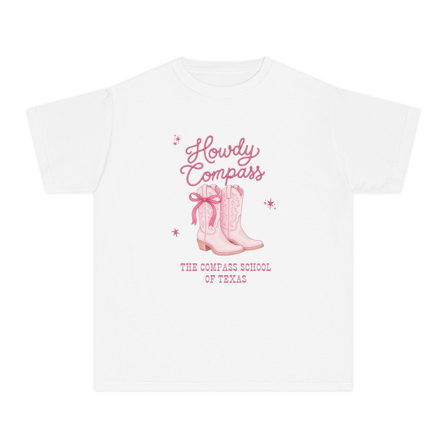 Howdy Compass Youth Tee — Pink Cowboy Boots "The Compass School of Texas"