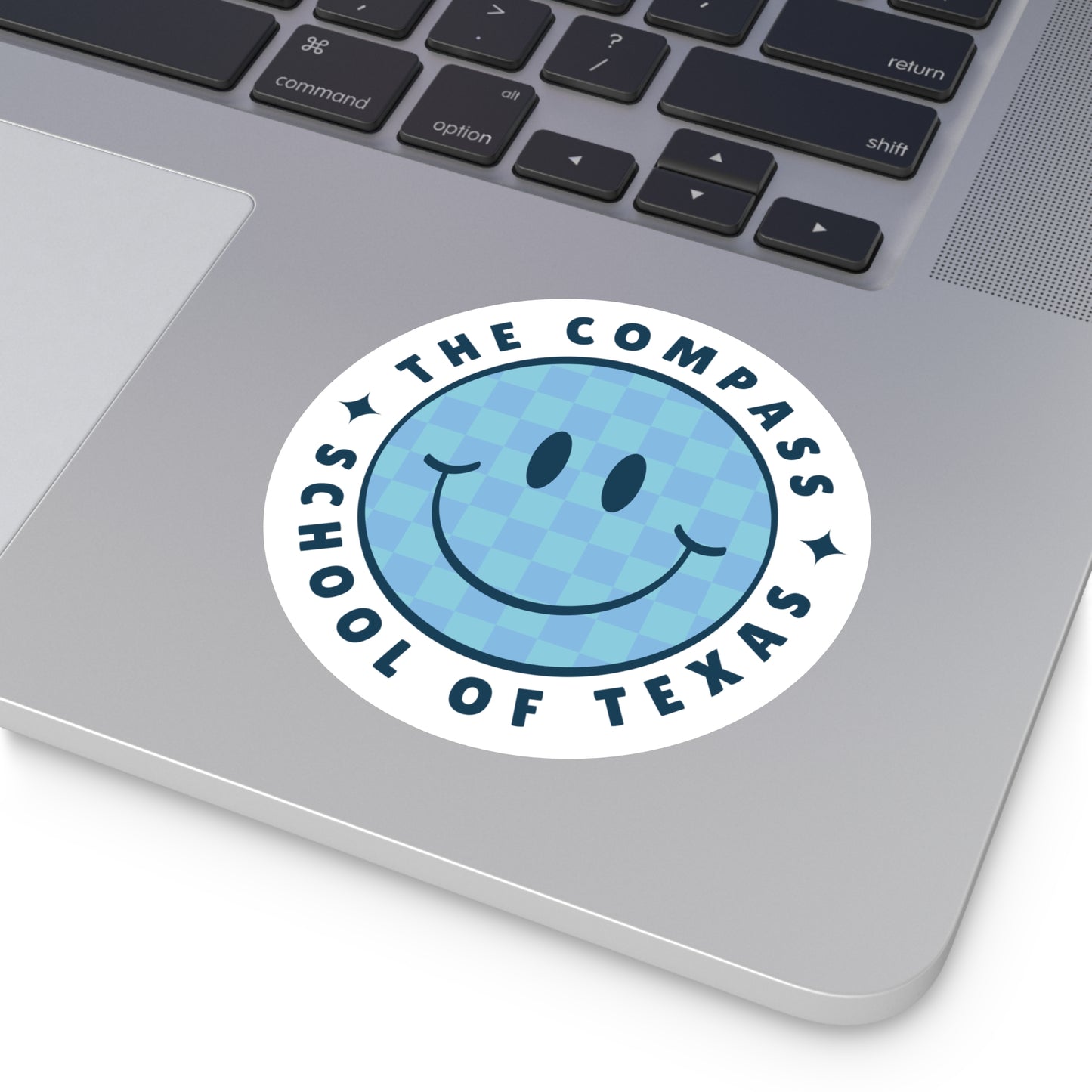 The Compass School of Texas Round Vinyl Sticker — Blue Smiley Logo Sticker