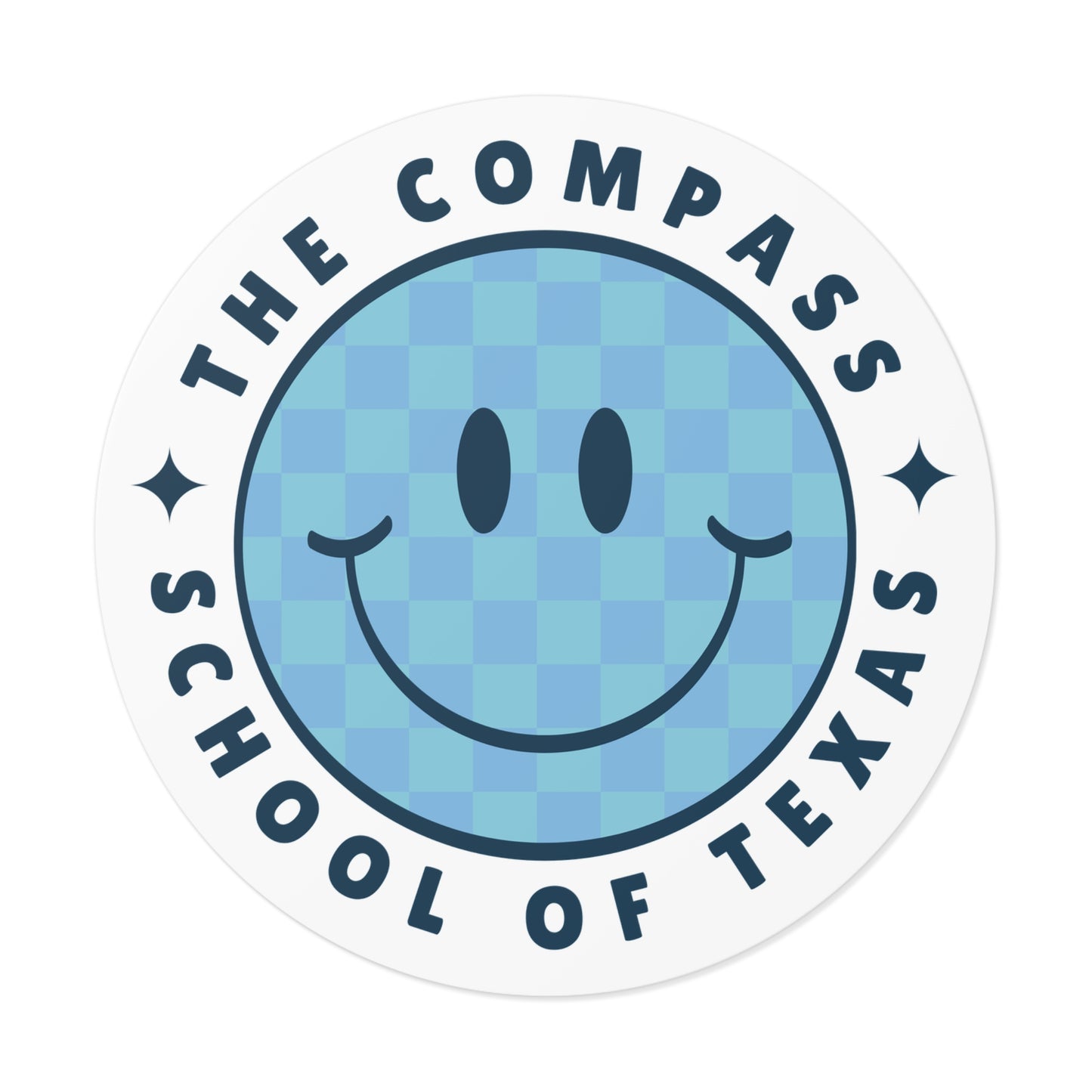 The Compass School of Texas Round Vinyl Sticker — Blue Smiley Logo Sticker