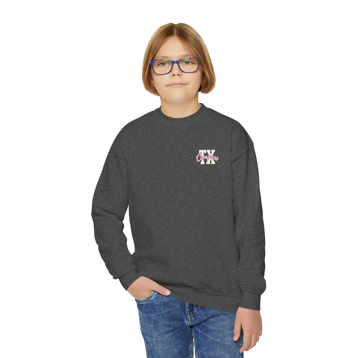 Compass School of Texas Youth Crewneck Sweatshirt — Pink Script Logo