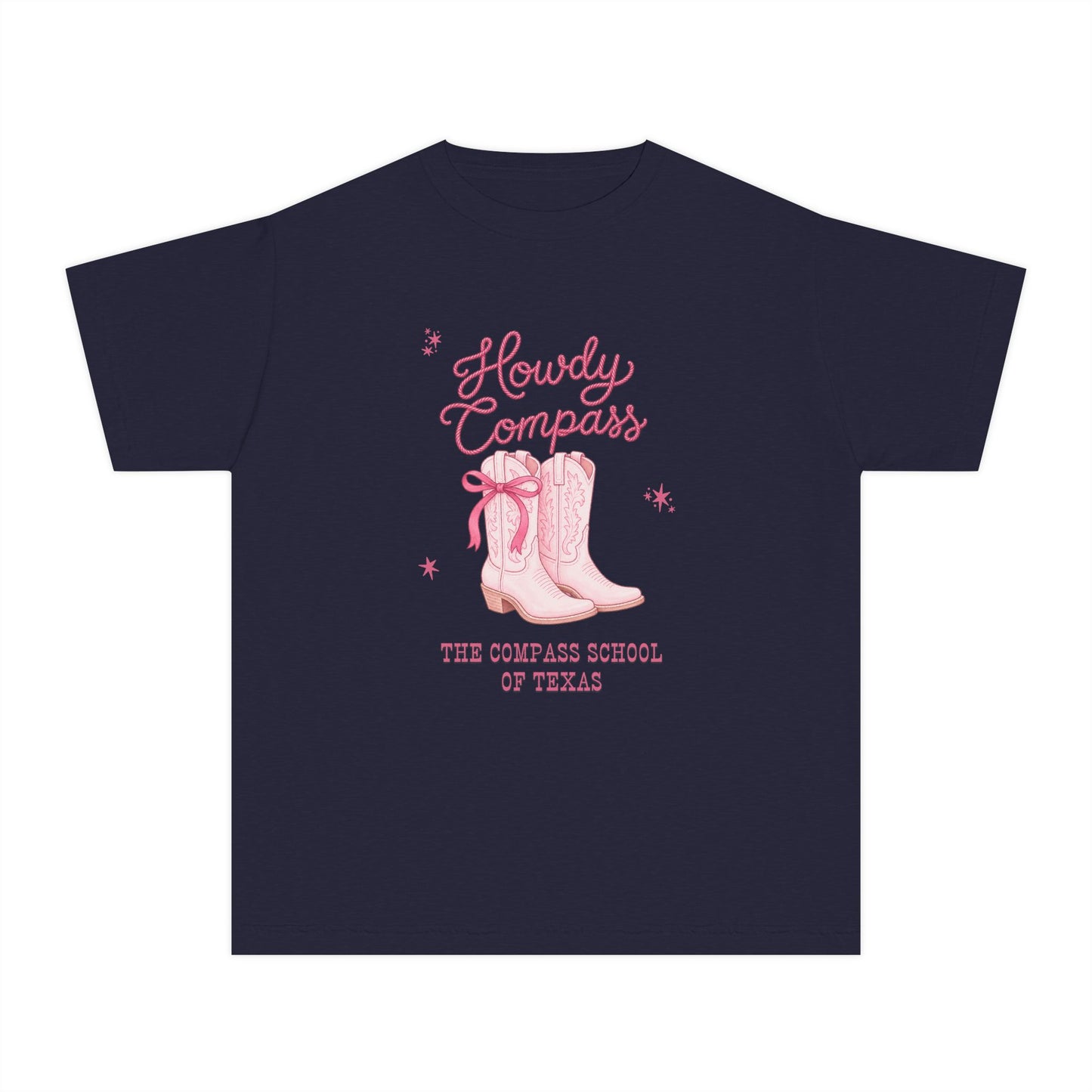Howdy Compass Youth Tee — Pink Cowboy Boots "The Compass School of Texas"
