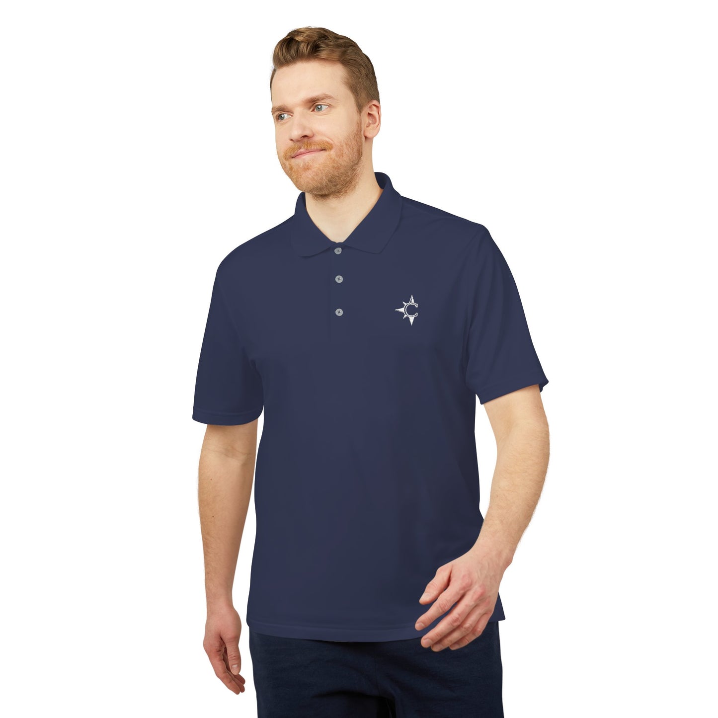 Navy Performance Polo — Small Compass Star Chest Logo
