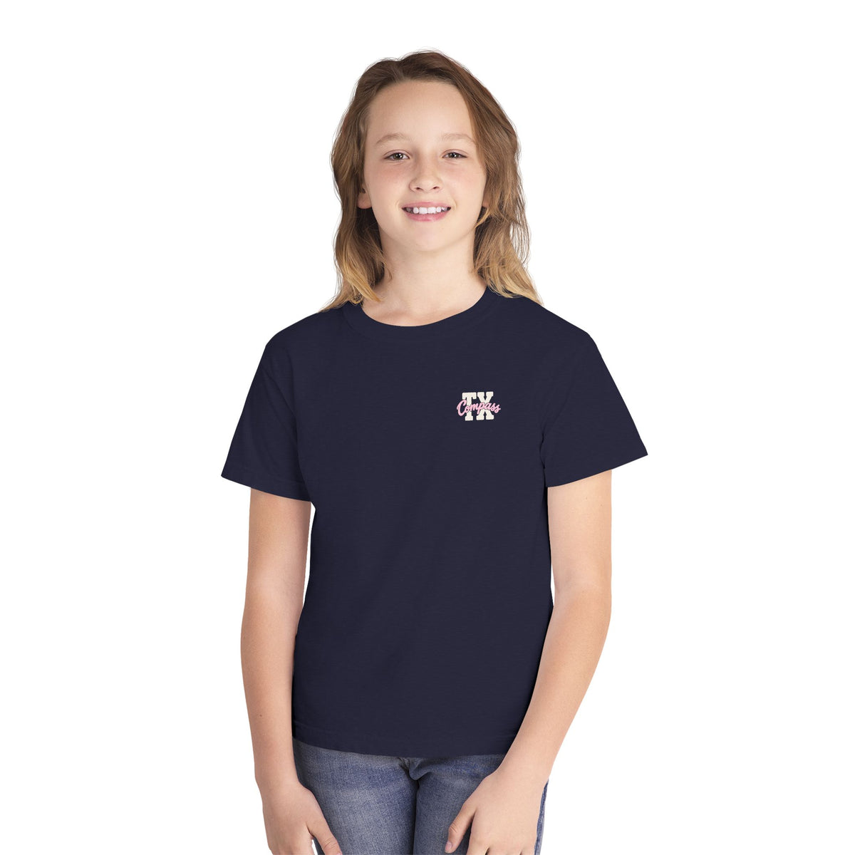 Compass School of Texas Youth Tee — Pink Logo Short Sleeve Shirt