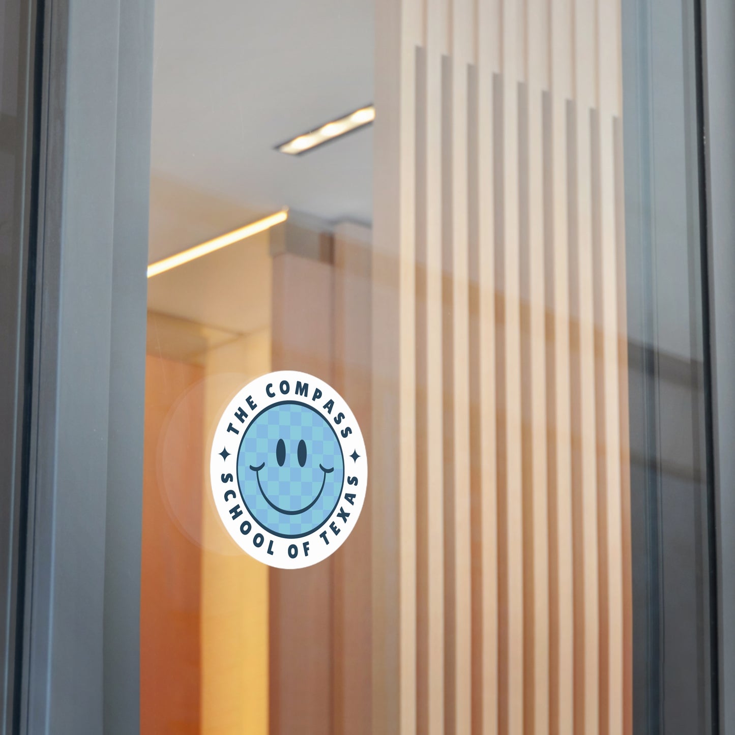 The Compass School of Texas Round Vinyl Sticker — Blue Smiley Logo Sticker