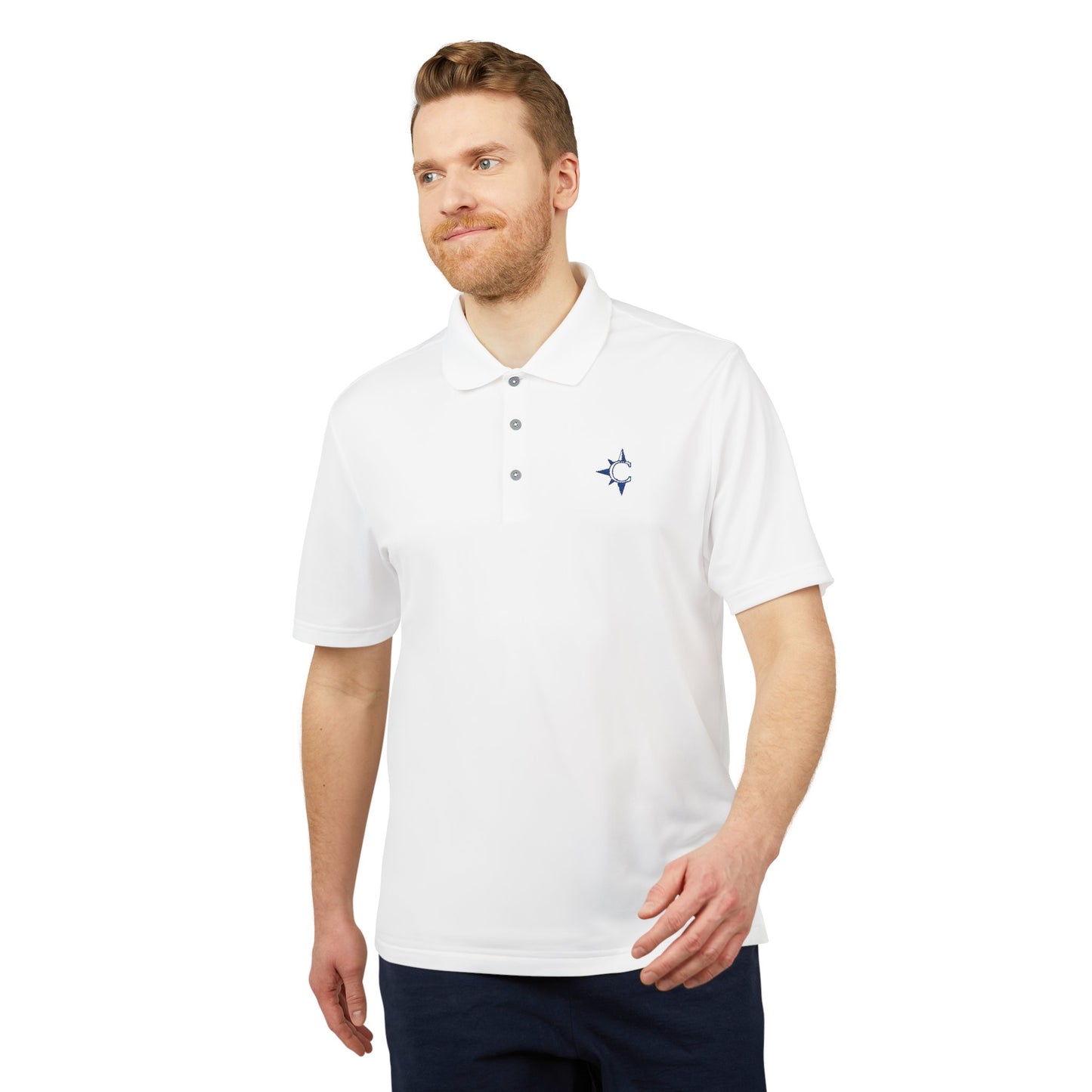 Embroidered Star Polo Shirt — White Performance Golf Polo