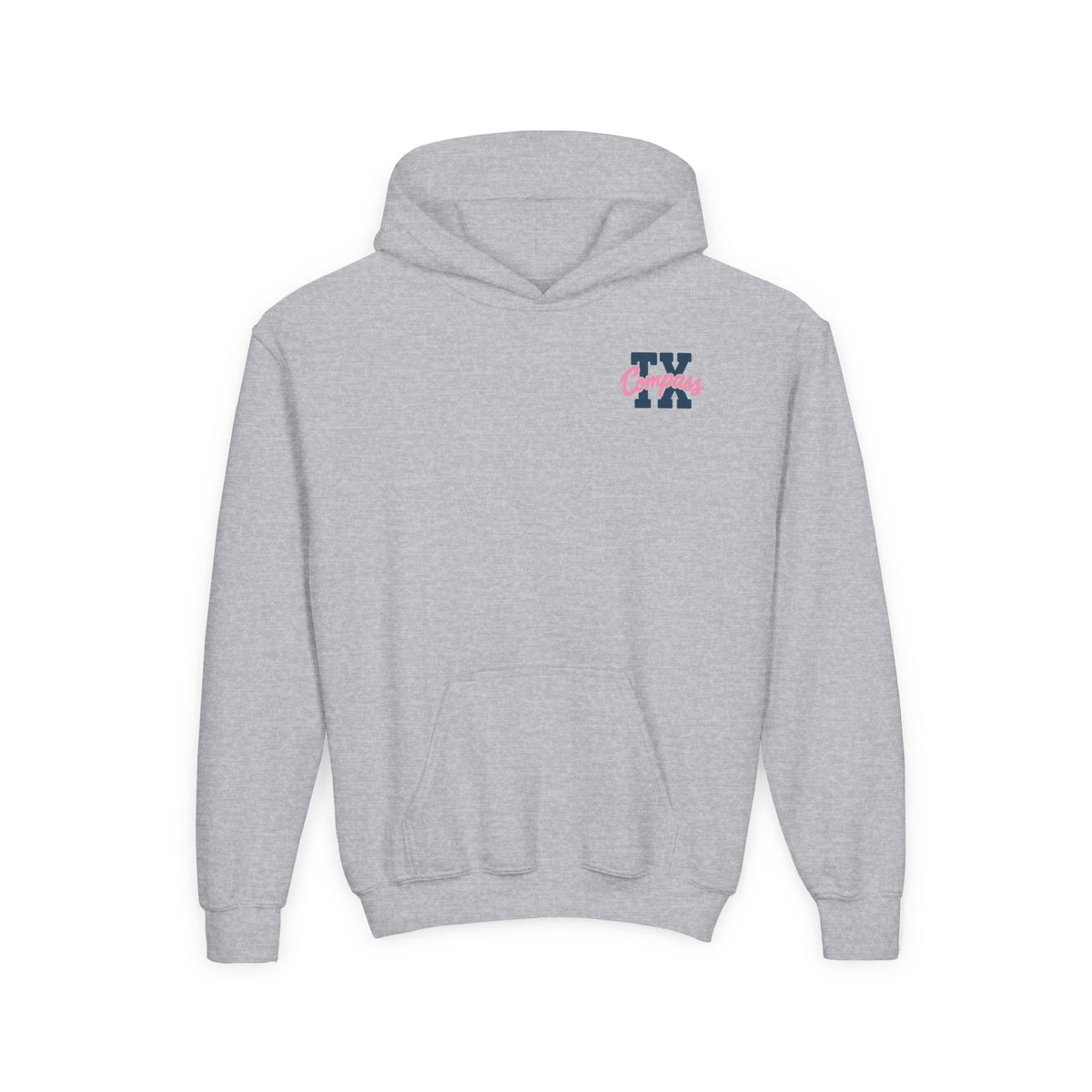 Compass School of Texas Youth Hoodie — White Pullover with Pink & Navy Logo