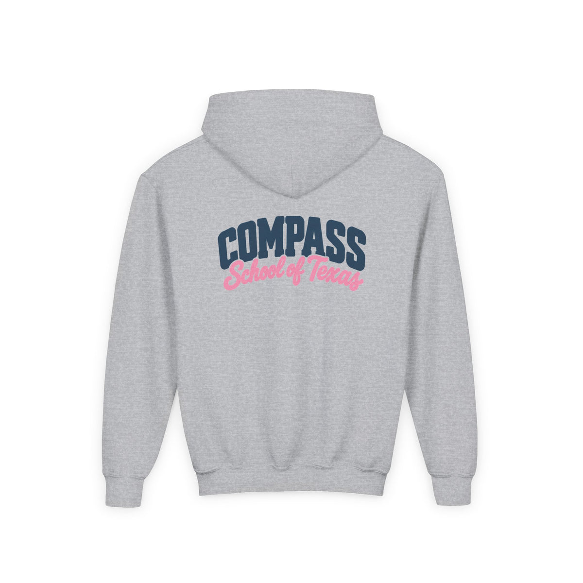 Compass School of Texas Youth Hoodie — White Pullover with Pink & Navy Logo