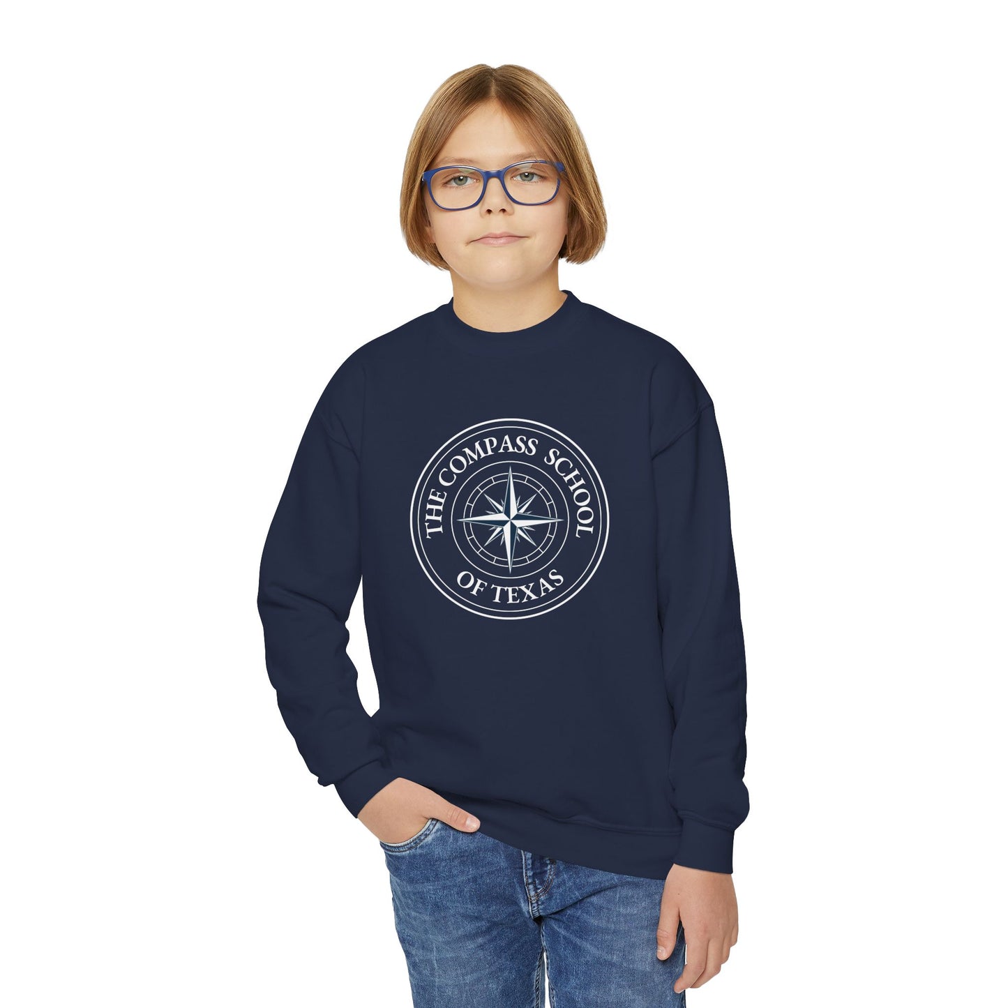 Youth Crewneck Sweatshirt - Navy Compass School of Texas Logo