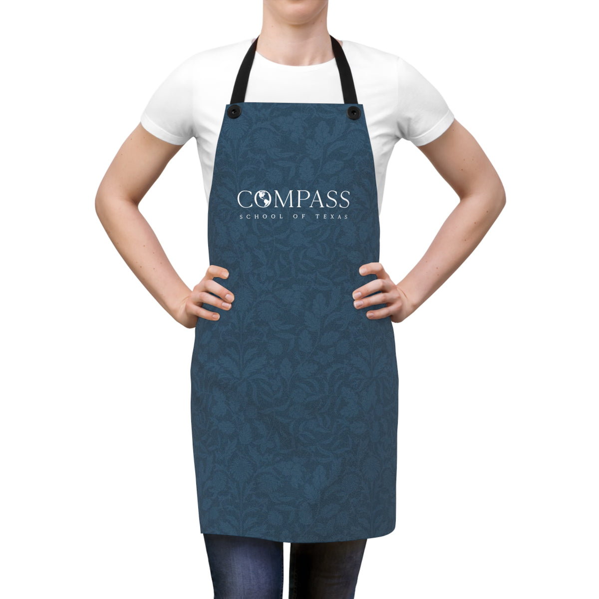 Compass School of Texas Logo Apron — Blue All-Over-Print Cooking Apron