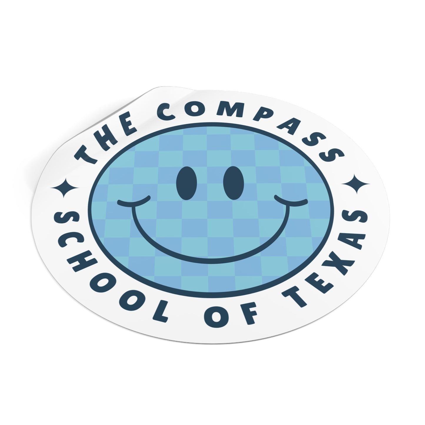 The Compass School of Texas Round Vinyl Sticker — Blue Smiley Logo Sticker