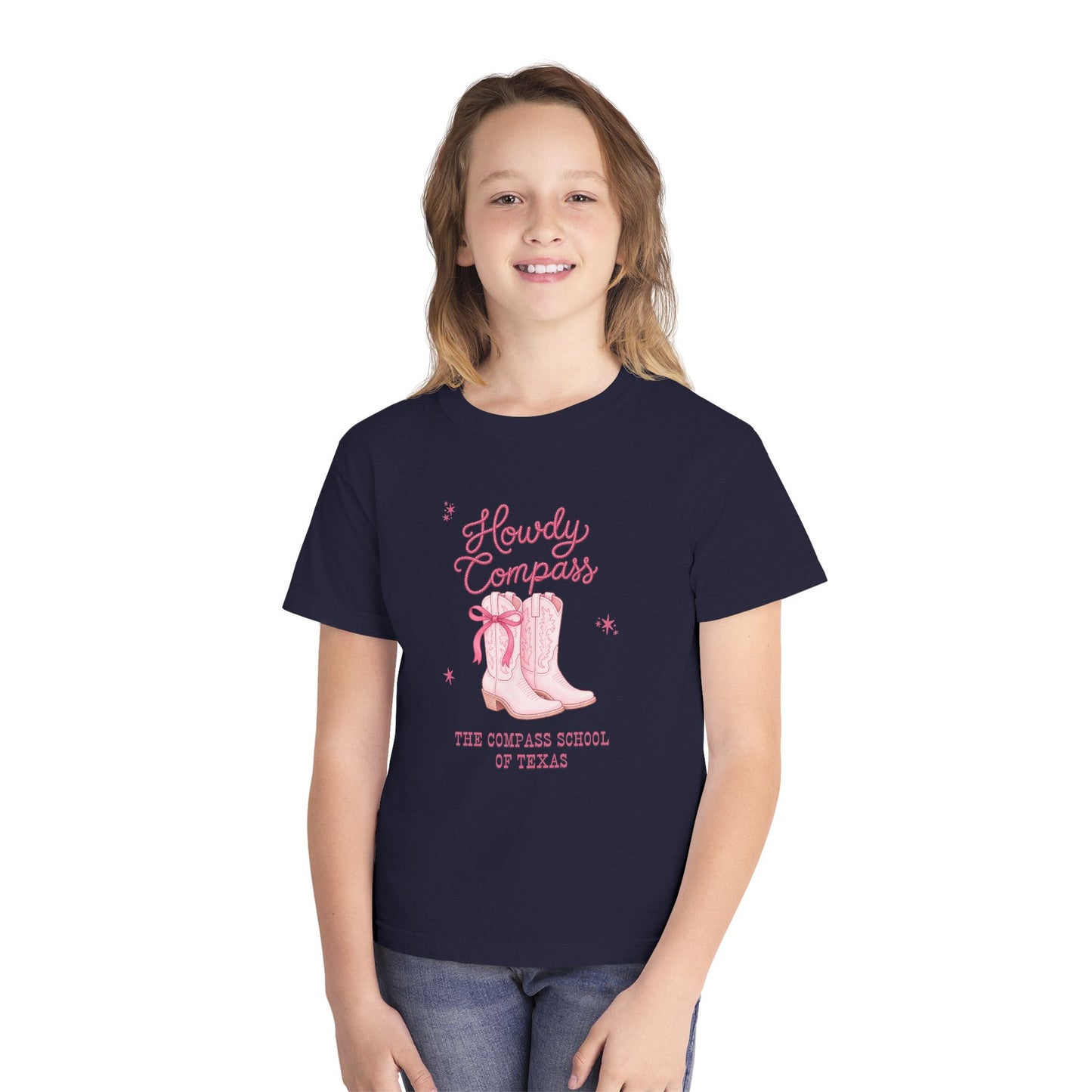 Howdy Compass Youth Tee — Pink Cowboy Boots "The Compass School of Texas"