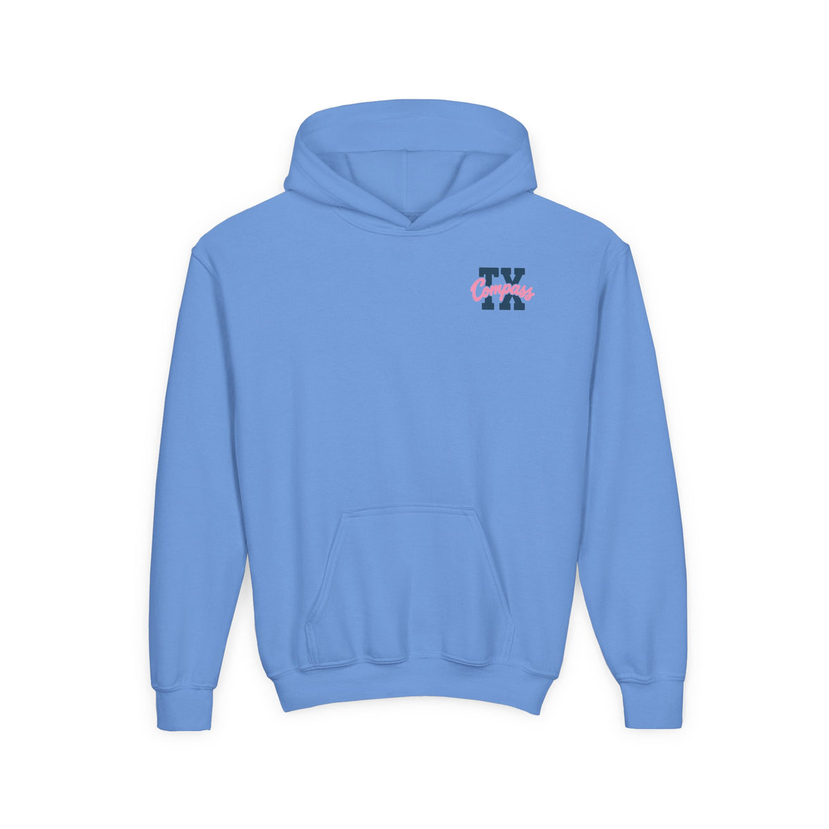 Compass School of Texas Youth Hoodie — White Pullover with Pink & Navy Logo