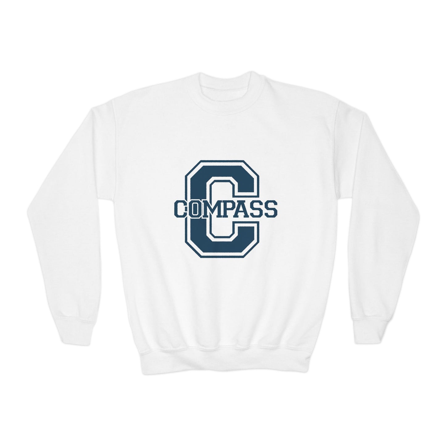 Youth Crewneck Sweatshirt - White with Navy Large C design for Kids