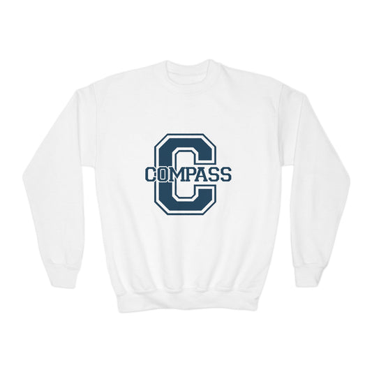 Youth Crewneck Sweatshirt - White with Navy Large C design for Kids