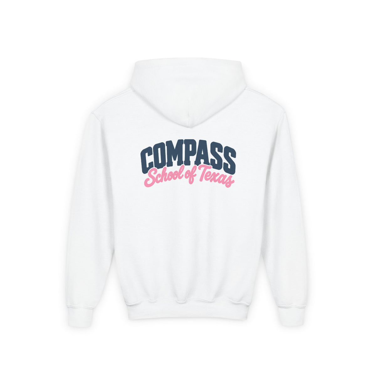 Compass School of Texas Youth Hoodie — White Pullover with Pink & Navy Logo