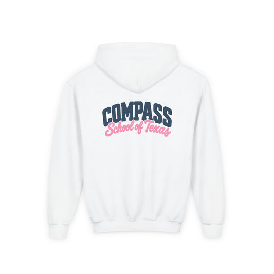 Compass School of Texas Youth Hoodie — White Pullover with Pink & Navy Logo
