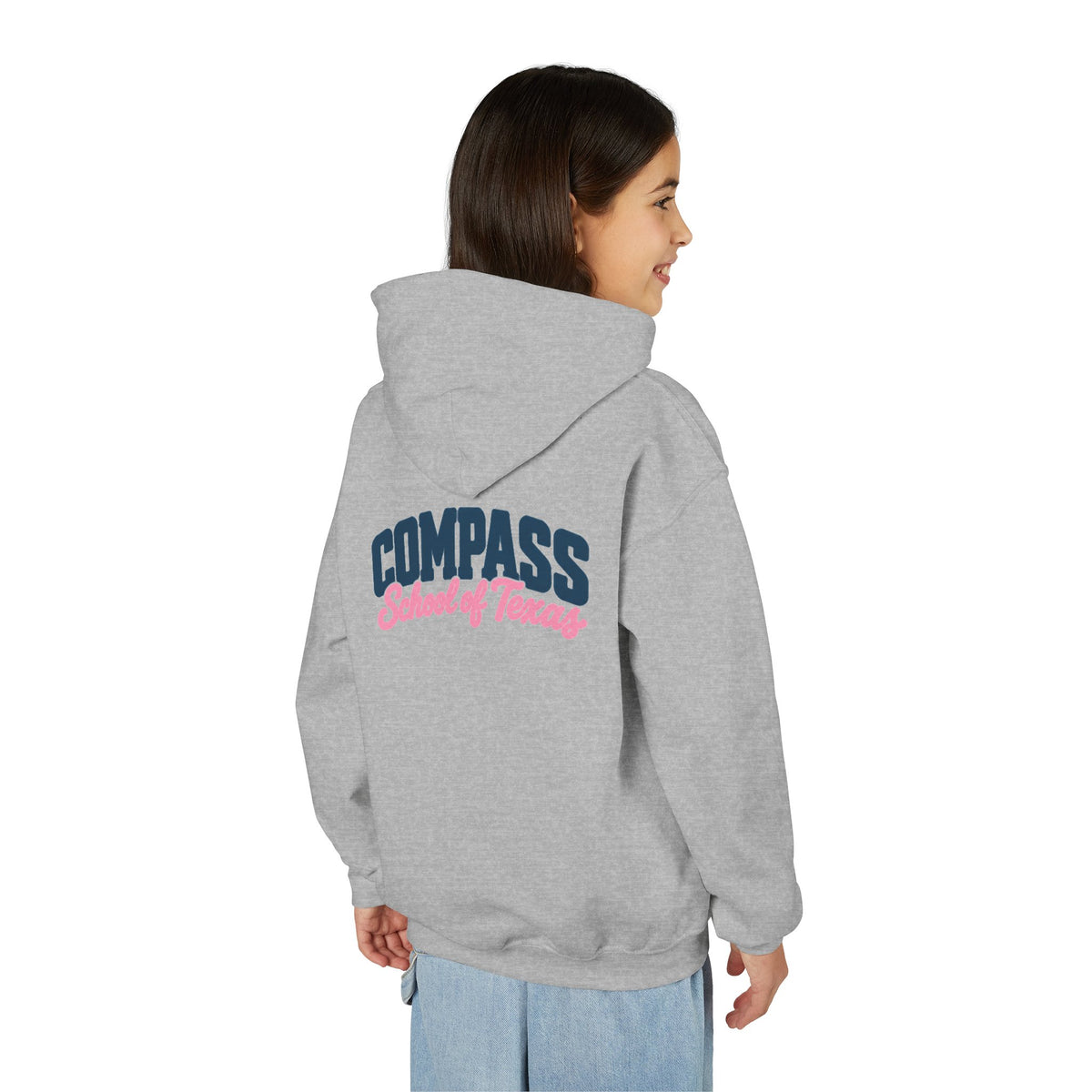 Compass School of Texas Youth Hoodie — White Pullover with Pink & Navy Logo