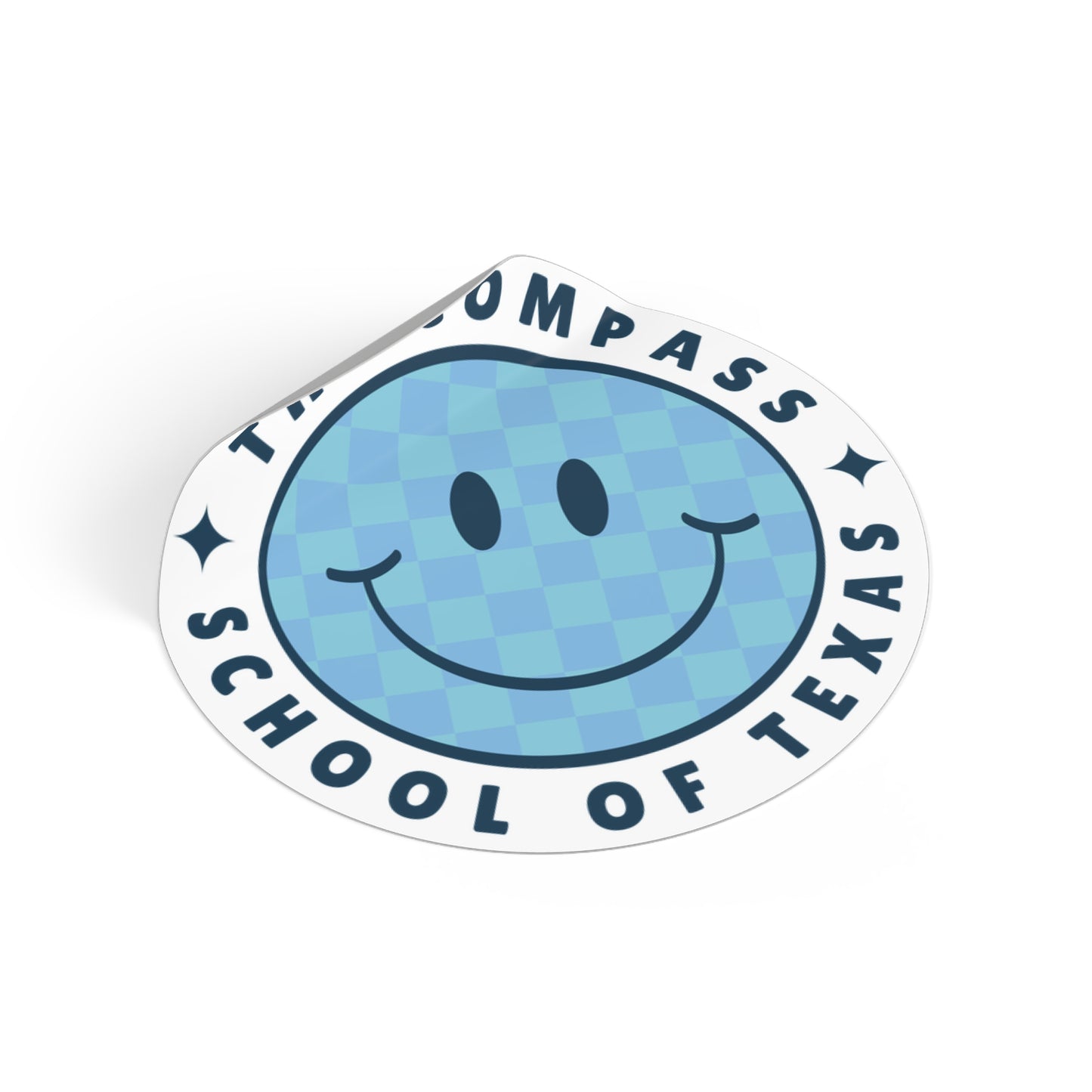 The Compass School of Texas Round Vinyl Sticker — Blue Smiley Logo Sticker