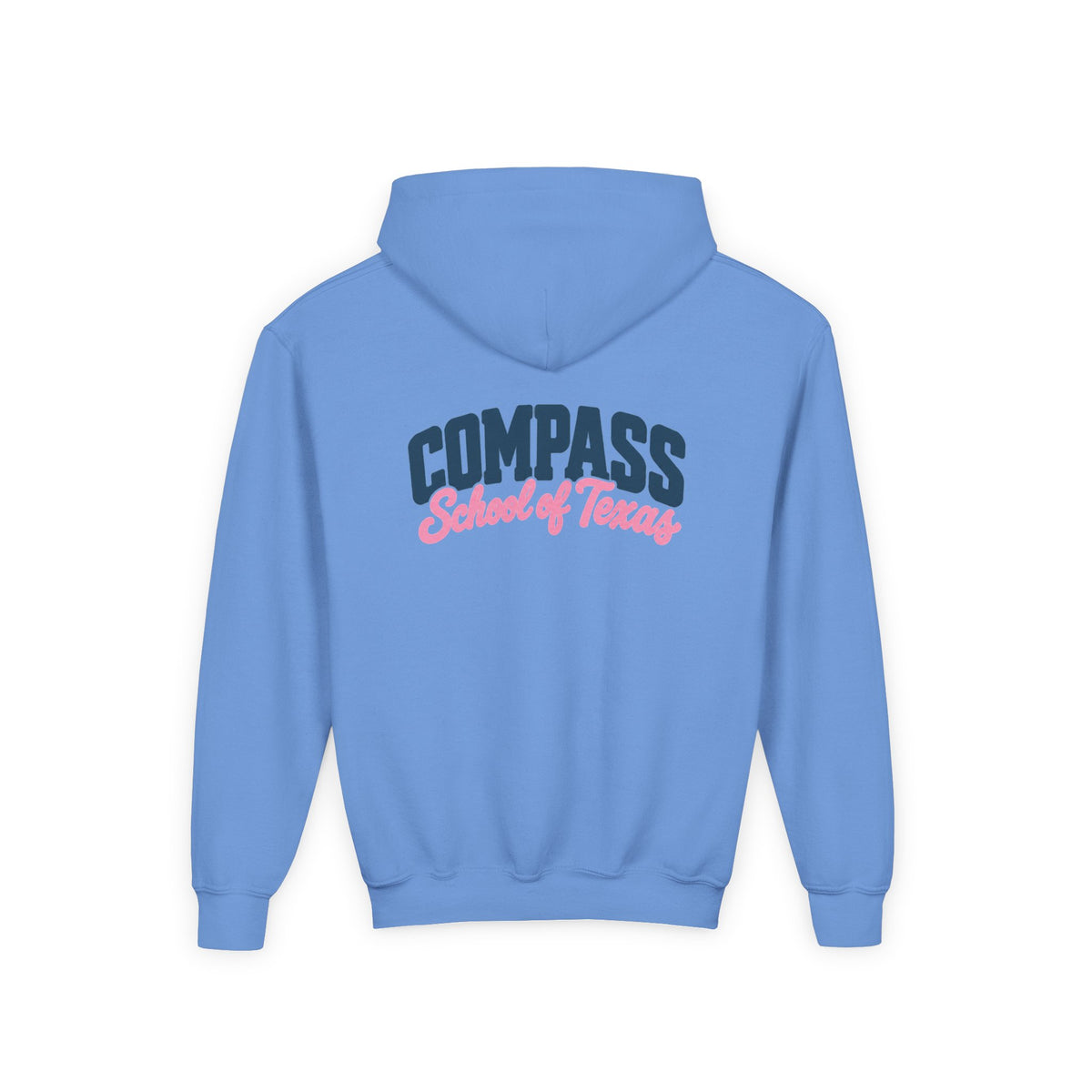 Compass School of Texas Youth Hoodie — White Pullover with Pink & Navy Logo