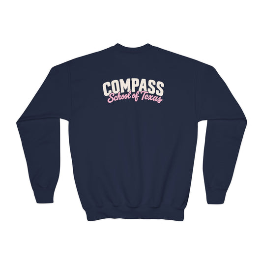 Compass School of Texas Youth Crewneck Sweatshirt — Pink Script Logo