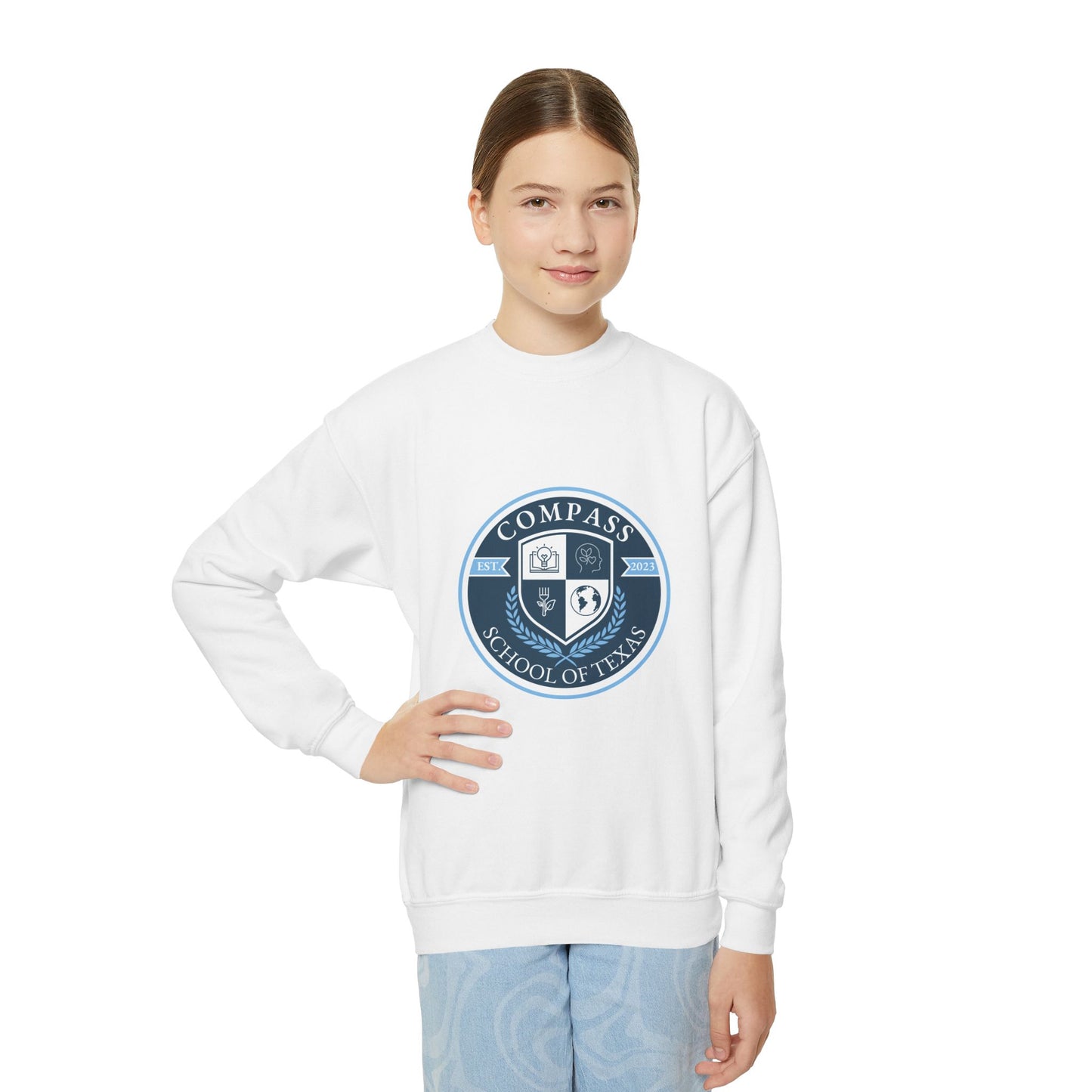 Youth Crewneck Sweatshirt - White Collegiate Logo Blue and White