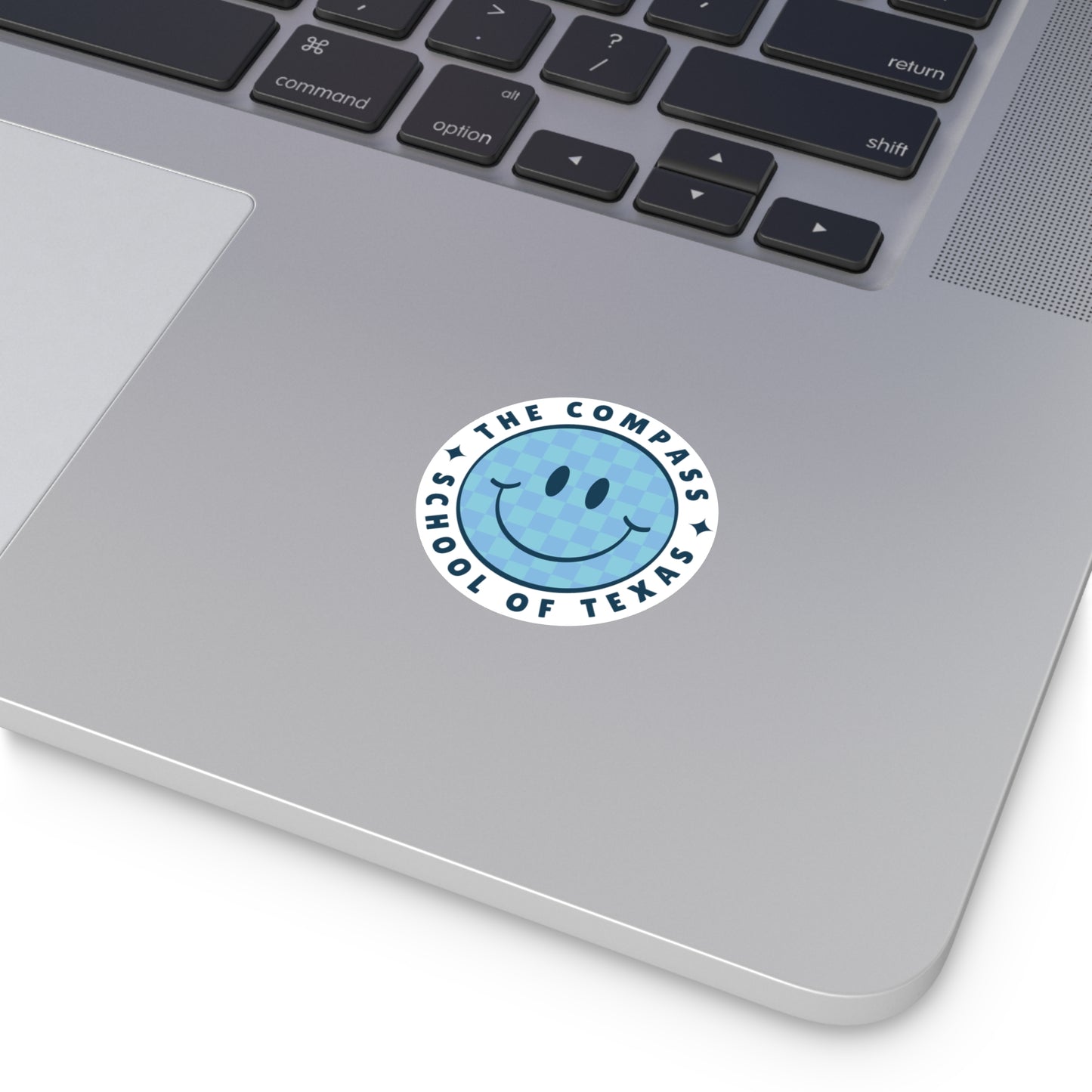 The Compass School of Texas Round Vinyl Sticker — Blue Smiley Logo Sticker