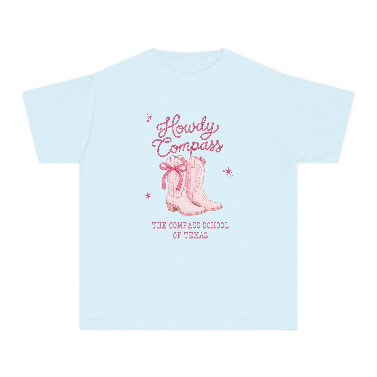Howdy Compass Youth Tee — Pink Cowboy Boots "The Compass School of Texas"