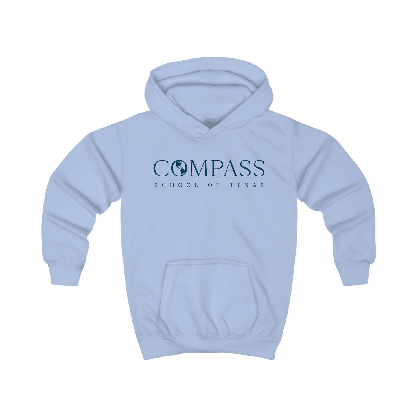 Compass School of Texas Kids Hoodie — Light Blue Youth Pullover with Compass Logo