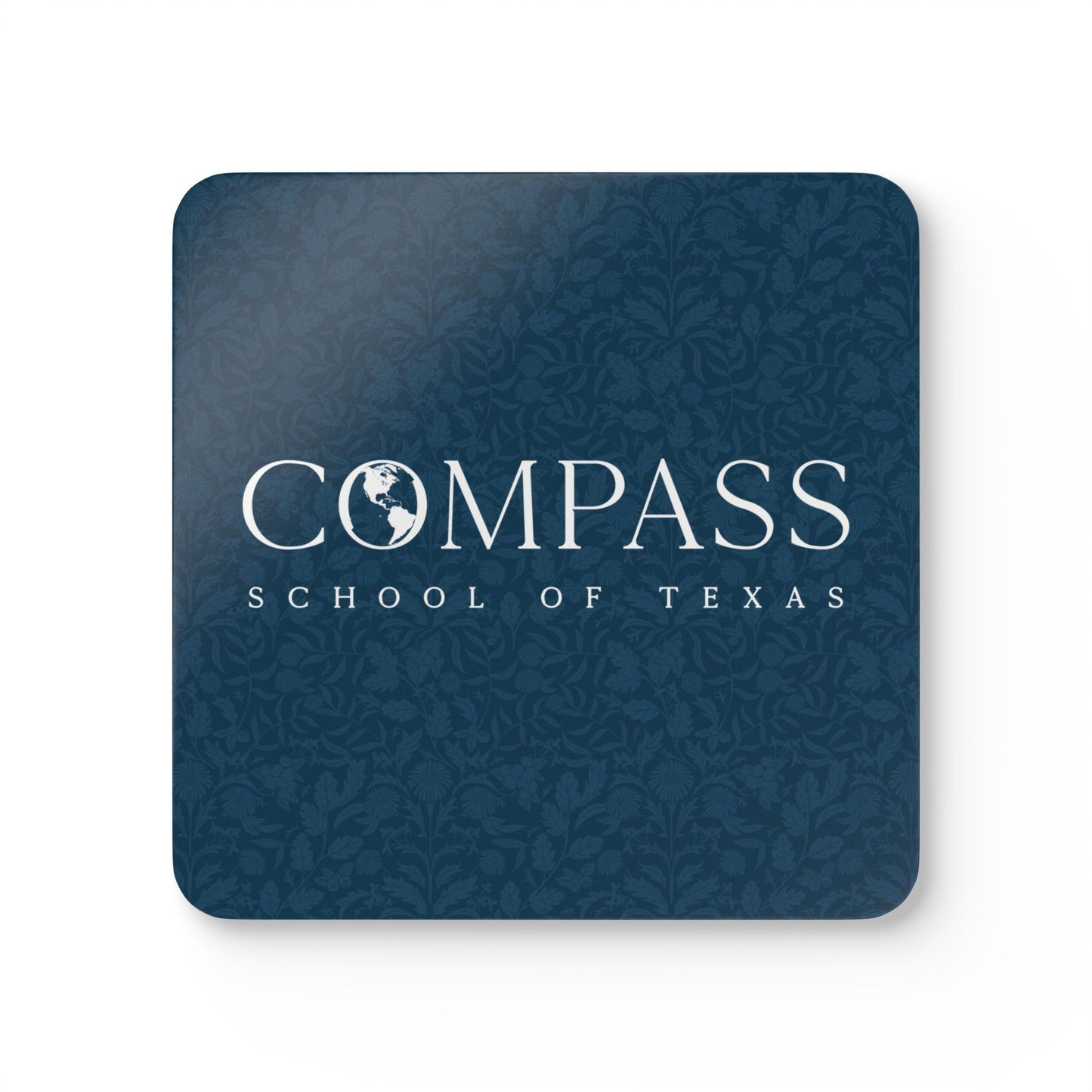 Compass School of Texas Coaster Set — Navy Patterned Cork-Back Drink Coasters (Set of 4)