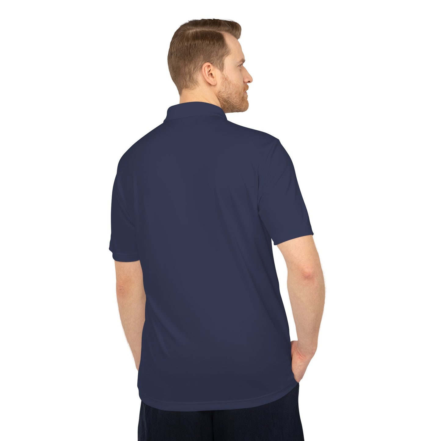 Navy Performance Polo — Small Compass Star Chest Logo