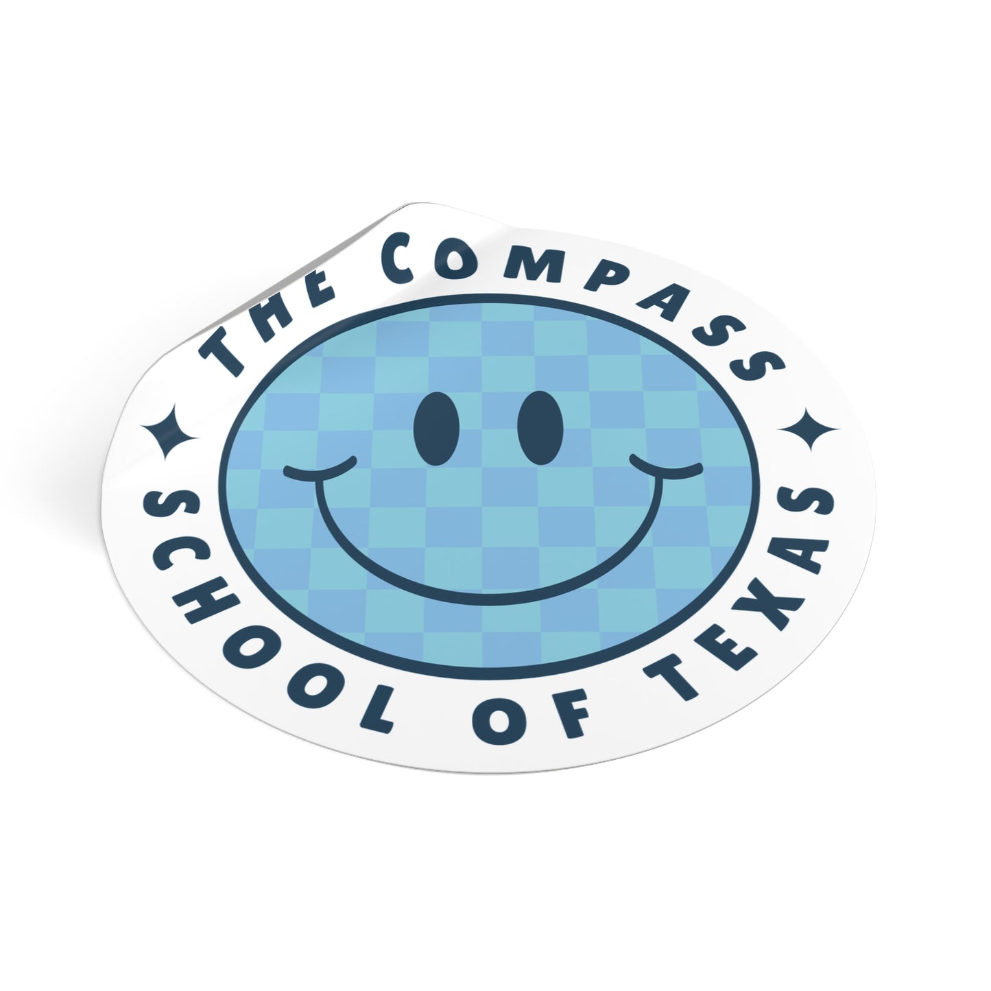 The Compass School of Texas Round Vinyl Sticker — Blue Smiley Logo Sticker