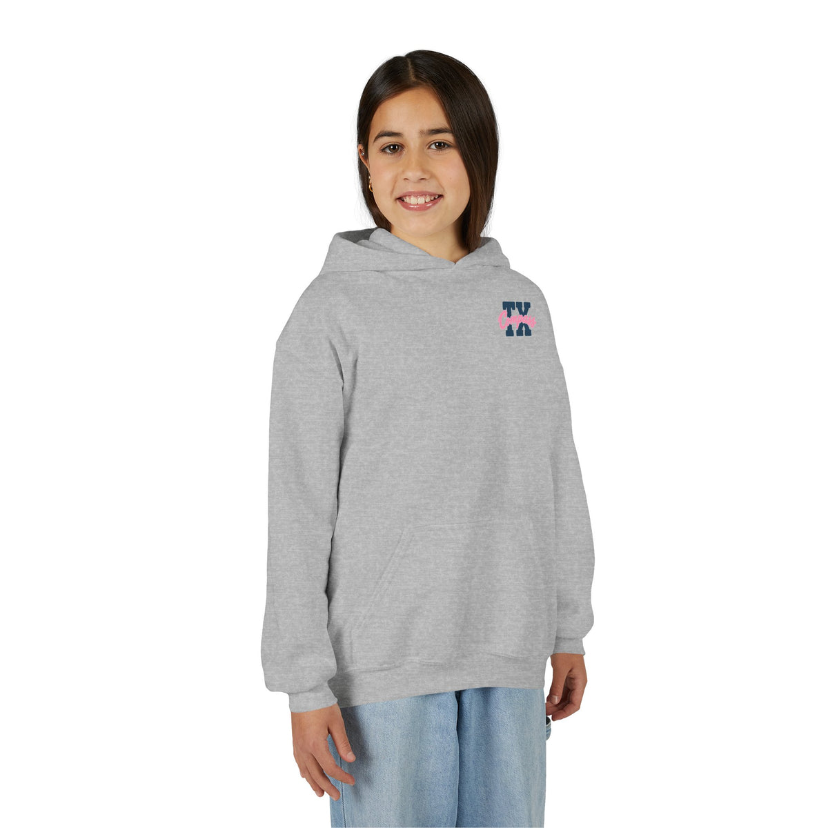 Compass School of Texas Youth Hoodie — White Pullover with Pink & Navy Logo