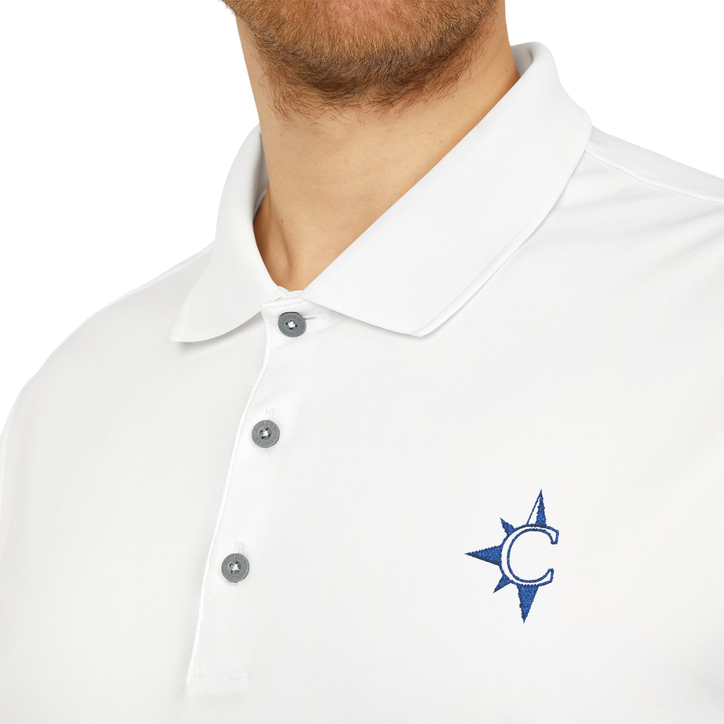 Embroidered Star Polo Shirt — White Performance Golf Polo