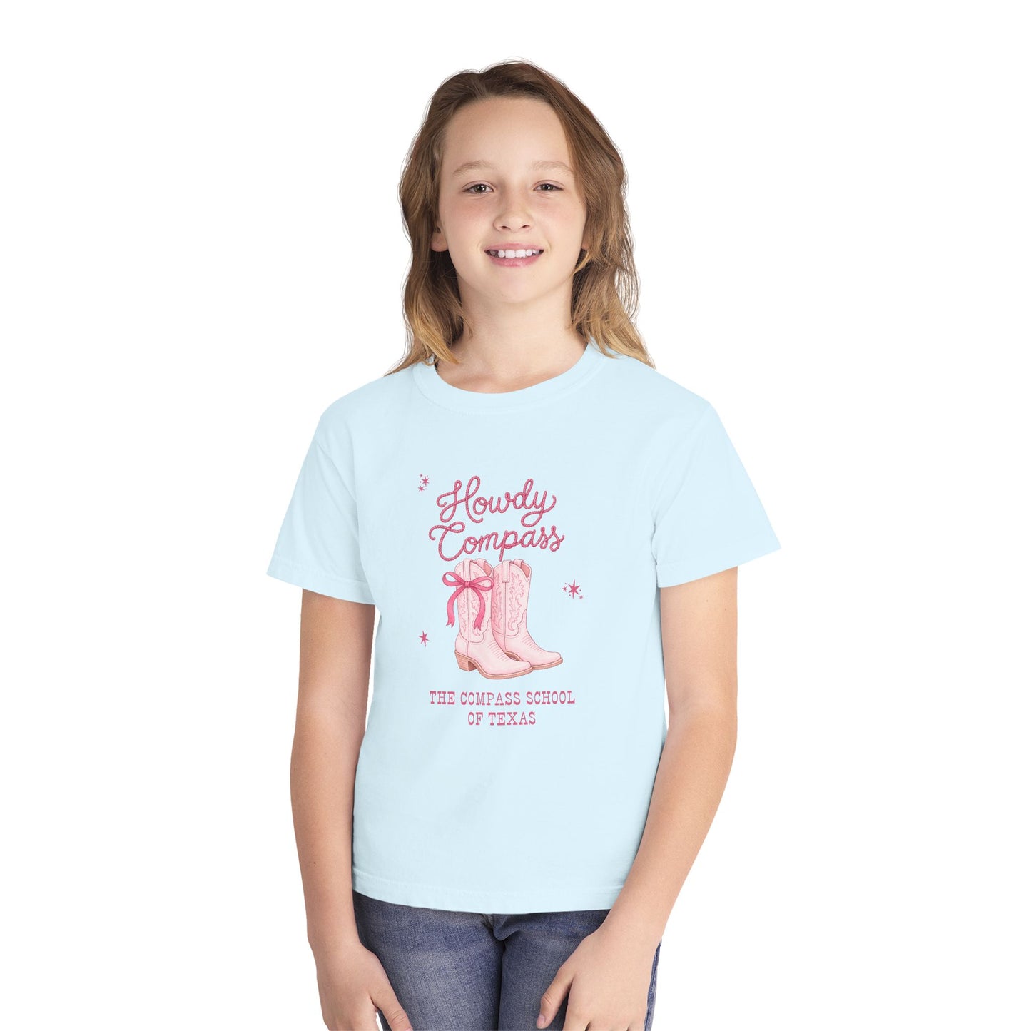 Howdy Compass Youth Tee — Pink Cowboy Boots "The Compass School of Texas"