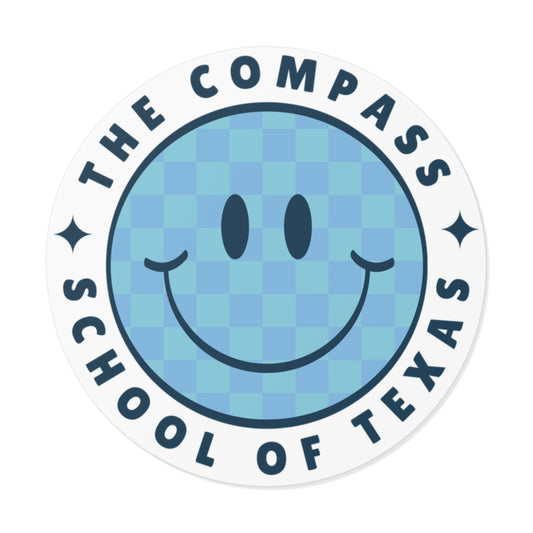 The Compass School of Texas Round Vinyl Sticker — Blue Smiley Logo Sticker