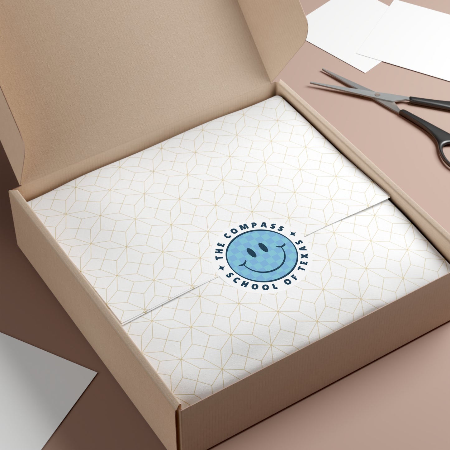 The Compass School of Texas Round Vinyl Sticker — Blue Smiley Logo Sticker