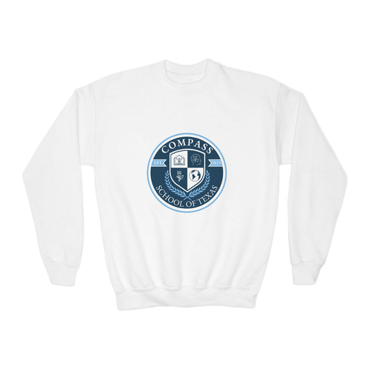 Youth Crewneck Sweatshirt - White Collegiate Logo Blue and White