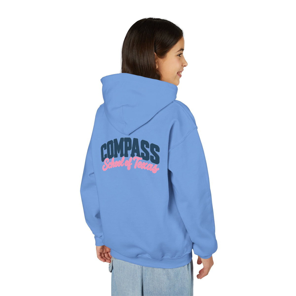 Compass School of Texas Youth Hoodie — White Pullover with Pink & Navy Logo