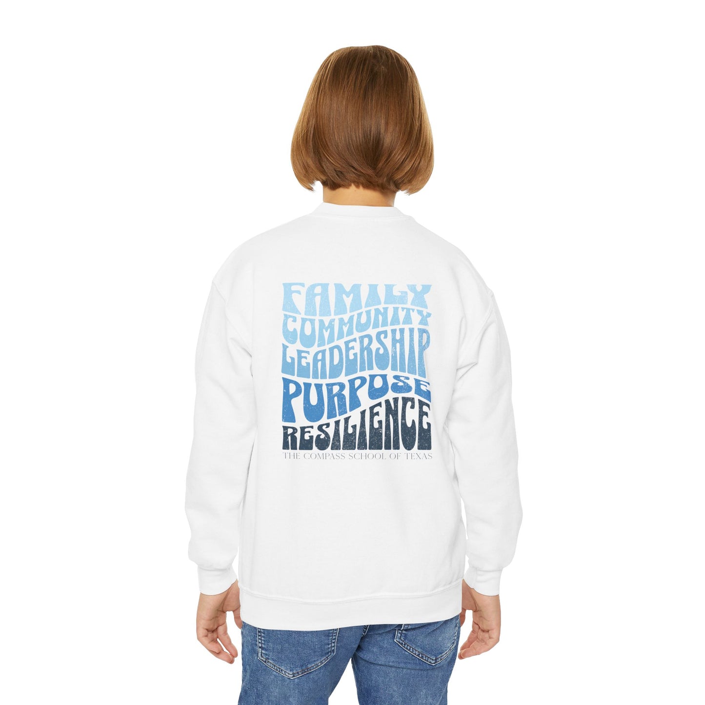 Youth Crewneck Sweatshirt with Compass Values Design
