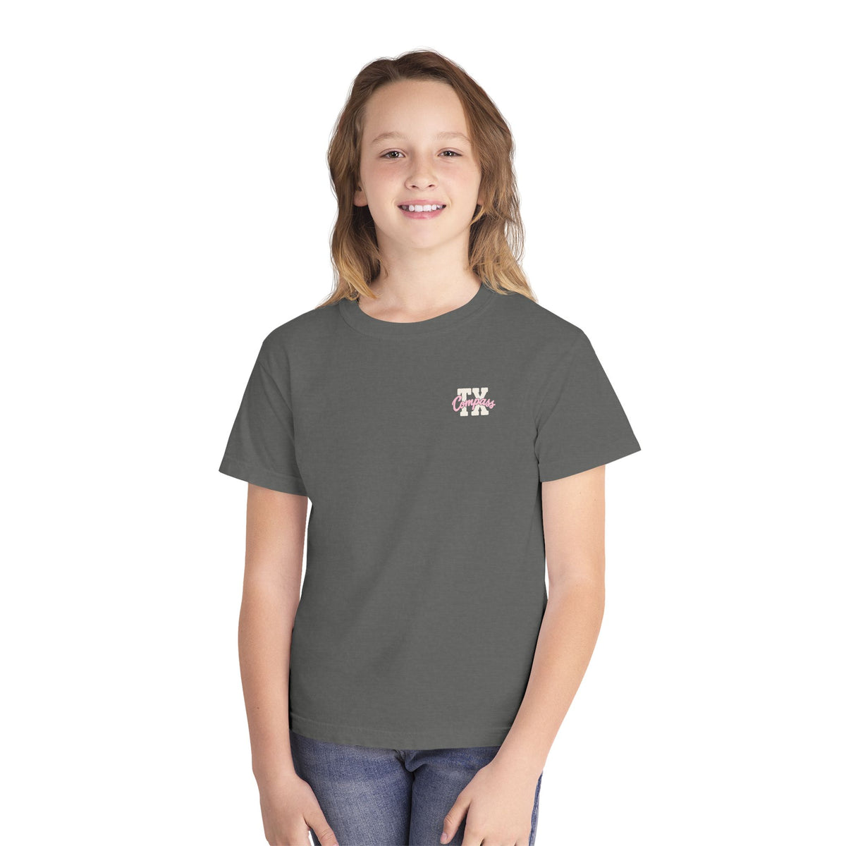 Compass School of Texas Youth Tee — Pink Logo Short Sleeve Shirt
