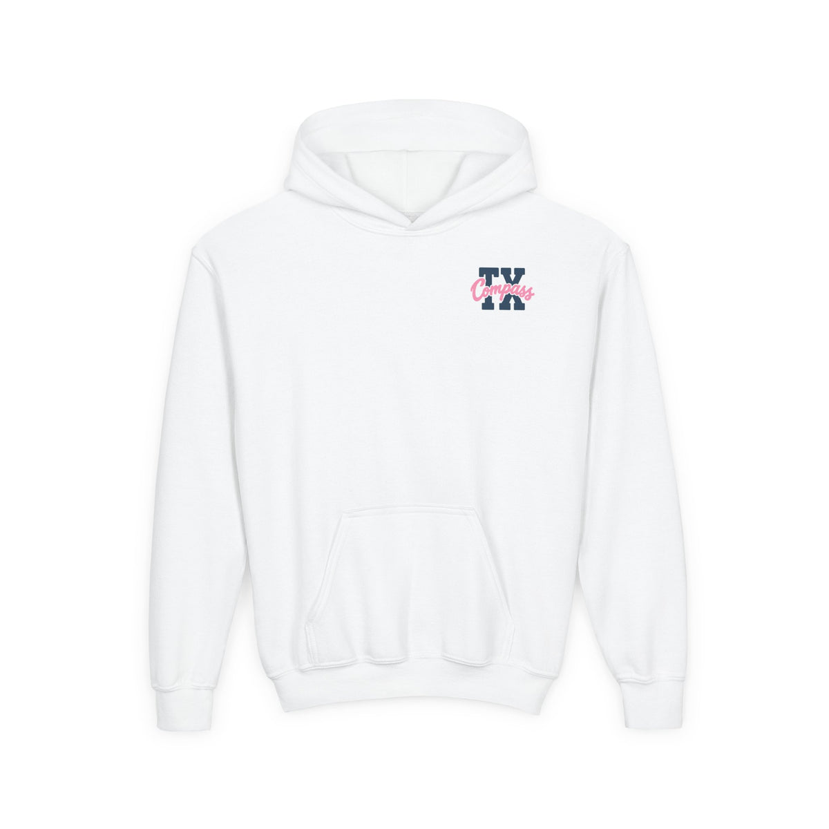 Compass School of Texas Youth Hoodie — White Pullover with Pink & Navy Logo