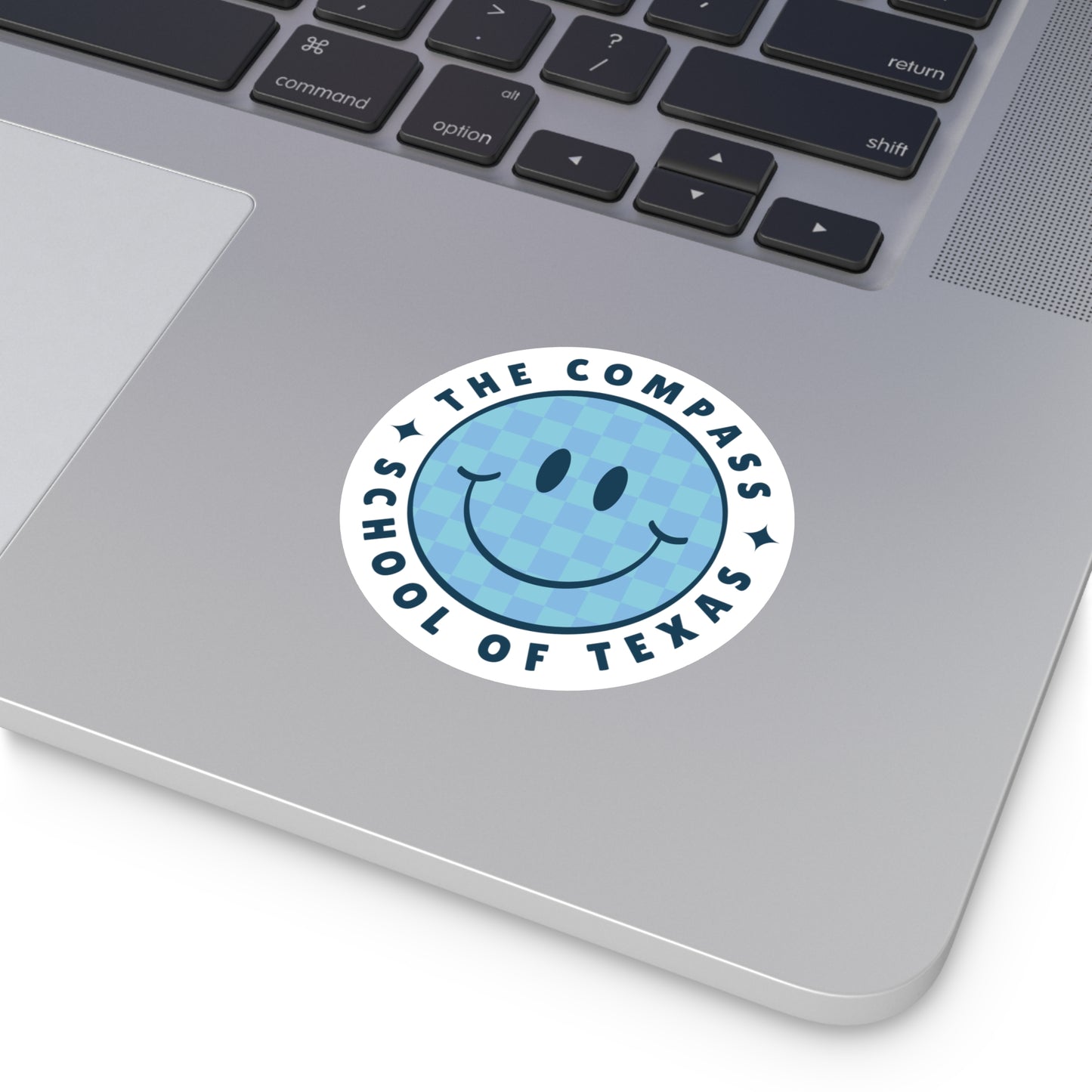 The Compass School of Texas Round Vinyl Sticker — Blue Smiley Logo Sticker