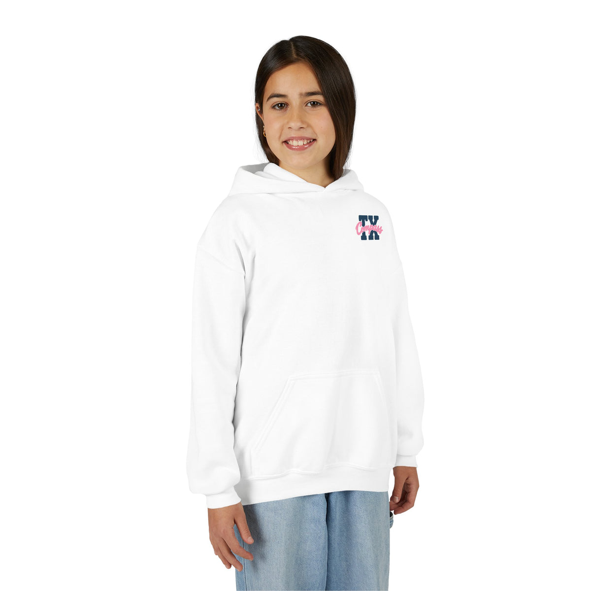 Compass School of Texas Youth Hoodie — White Pullover with Pink & Navy Logo