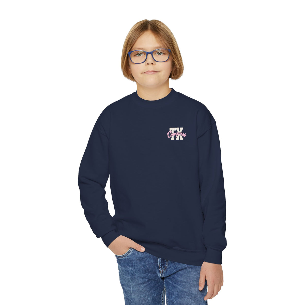Compass School of Texas Youth Crewneck Sweatshirt — Pink Script Logo