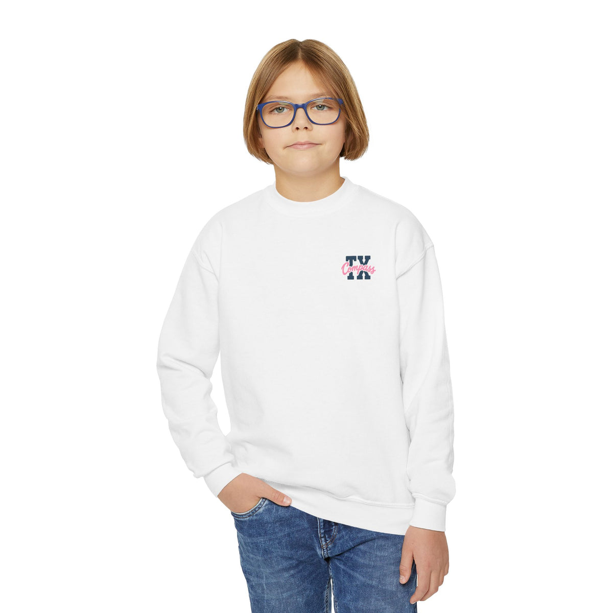 Youth Crewneck Sweatshirt- Pink and Navy Compass School of Texas