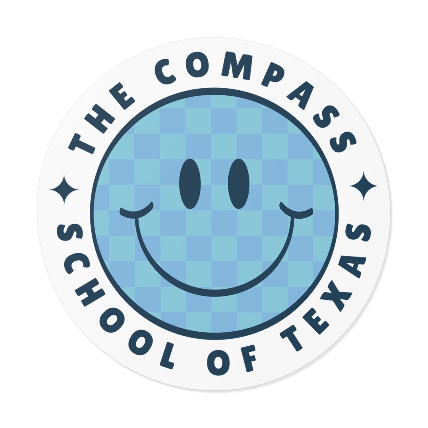 The Compass School of Texas Round Vinyl Sticker — Blue Smiley Logo Sticker